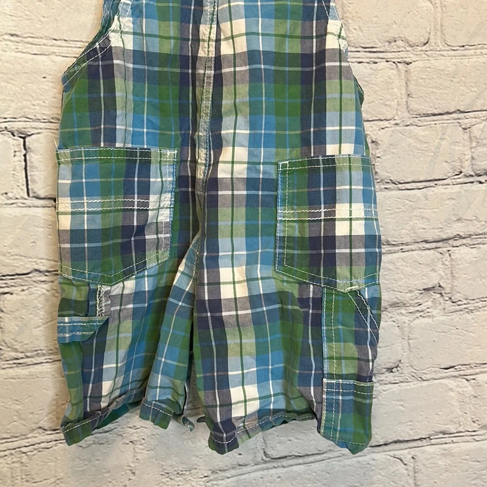 OshKosh B’Gosh Blue Green Plaid Short Overalls Boy’s Size 18 Months